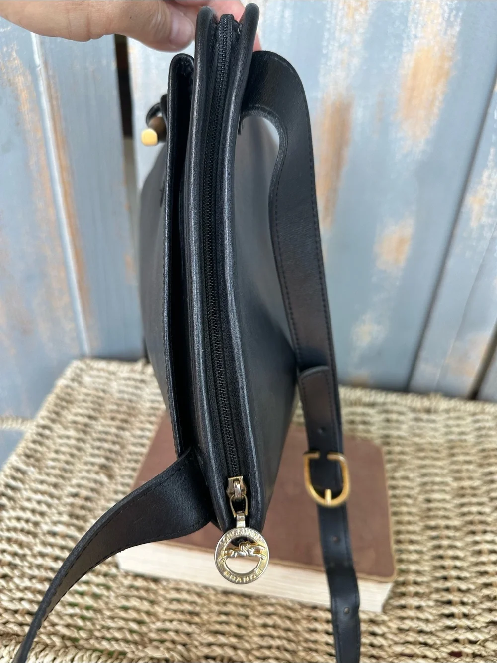 Longchamp Vintage Roseau Leather Shoulder Bag Black